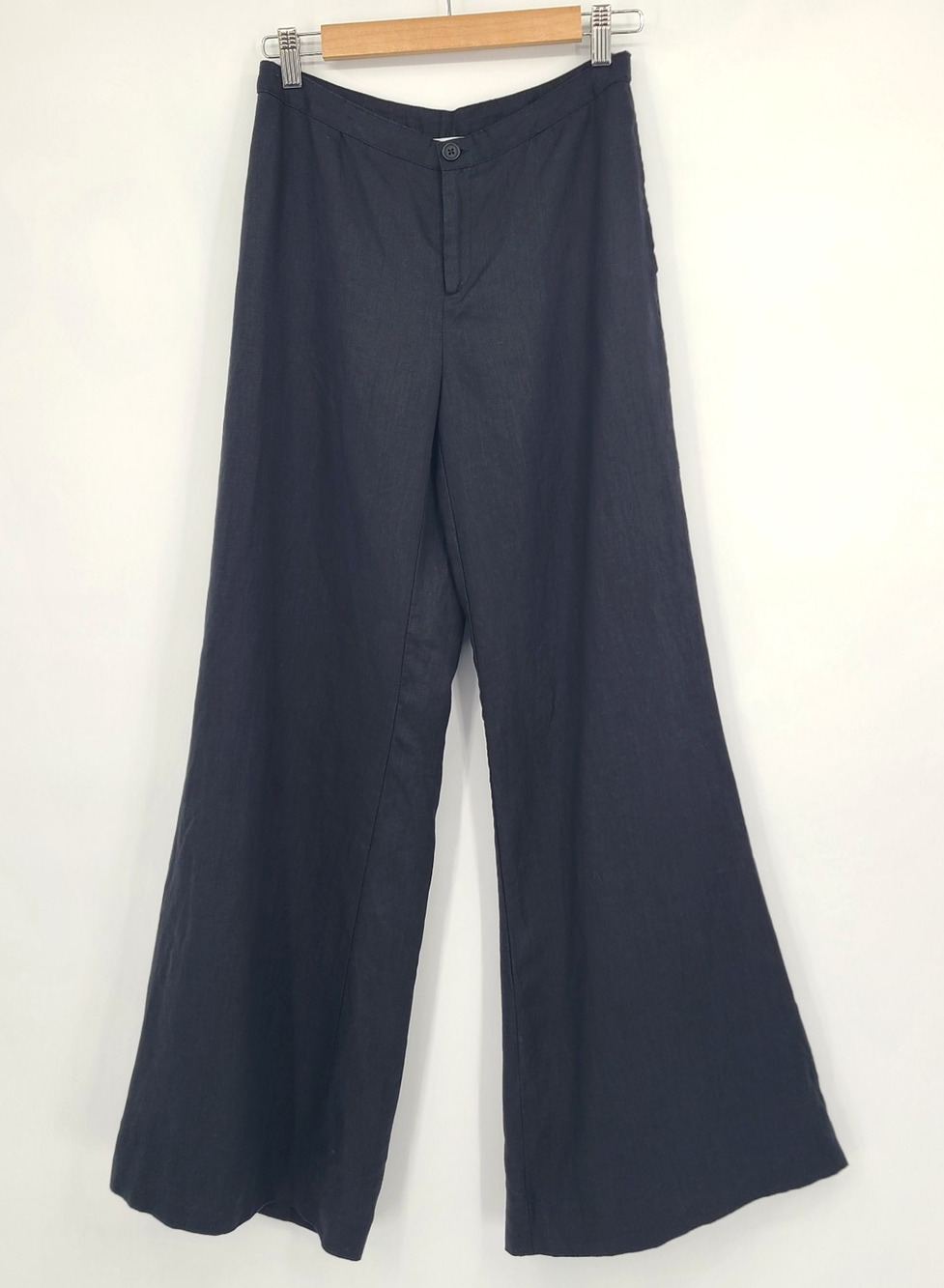 Mandarin Blue Linen Wide Leg Black Pants Minimalist Luxe Coastal Grandma Size 4